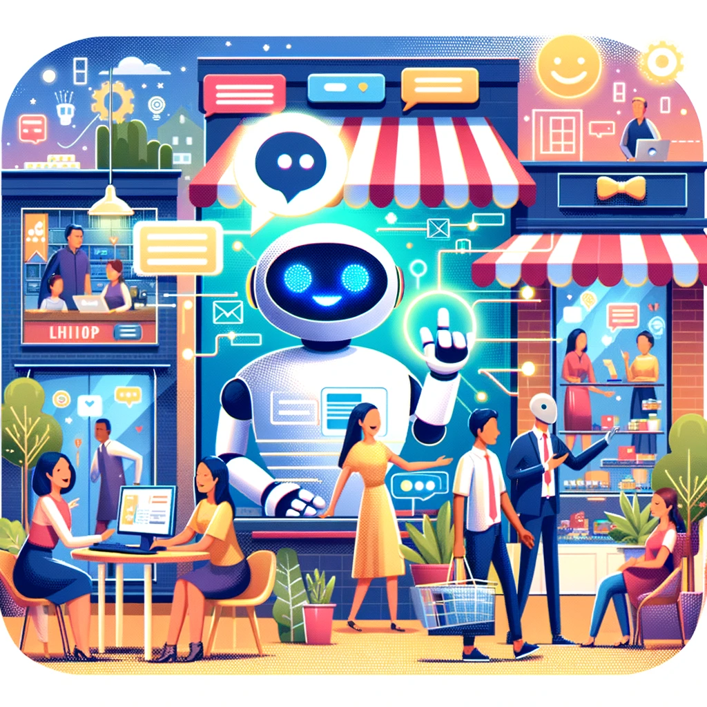 Chatbots and their role in customer support and engagement. A group of people and a robot in front of a store, showcasing the implementation of AI for business.