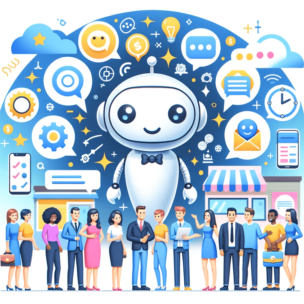 Chatbots enhance customer service in many ways. A group of people standing around a robot during a local business digital transformation.