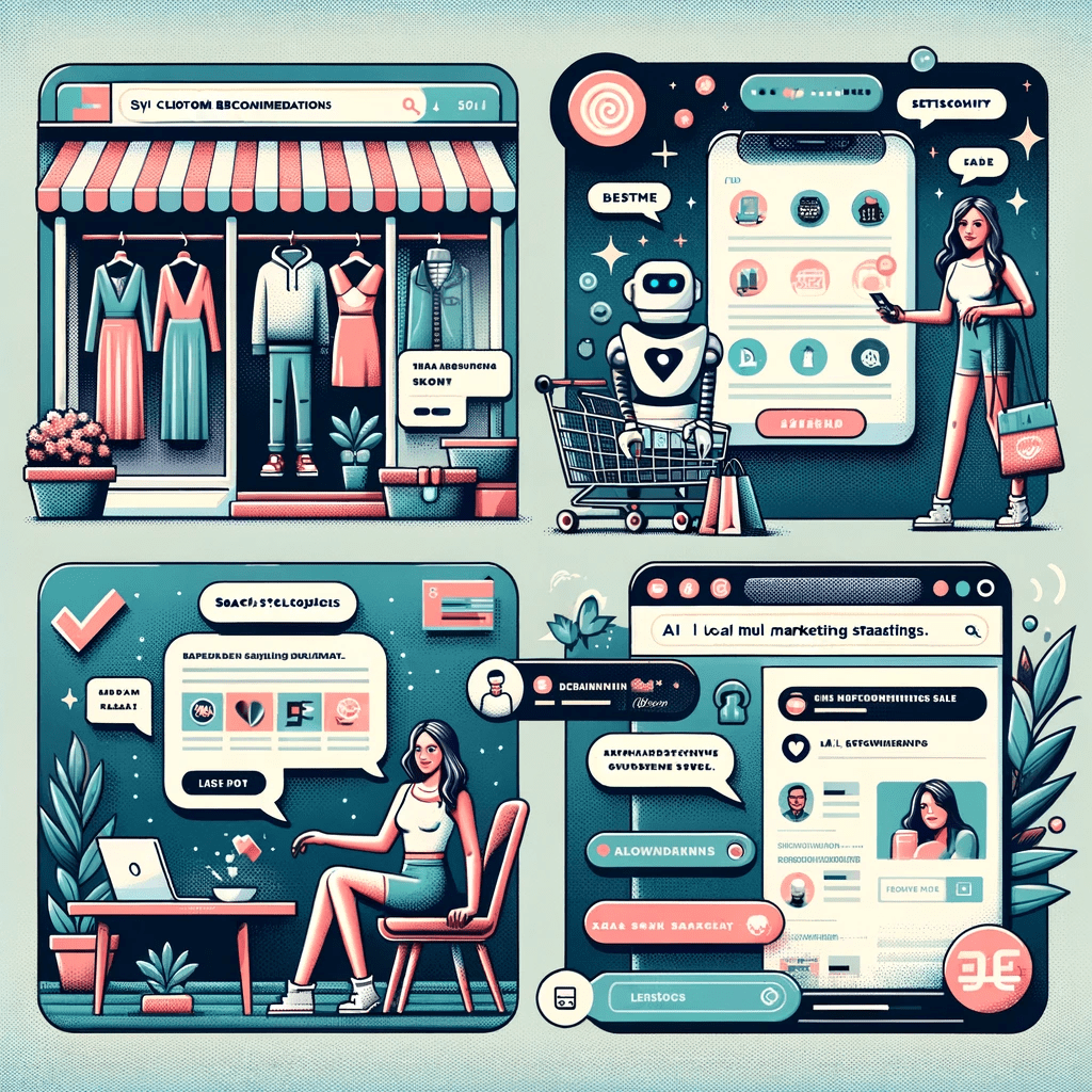 Four innovative AI-driven local marketing strategies. A set of web pages with a woman shopping in a store, showcasing personalized customer experience.