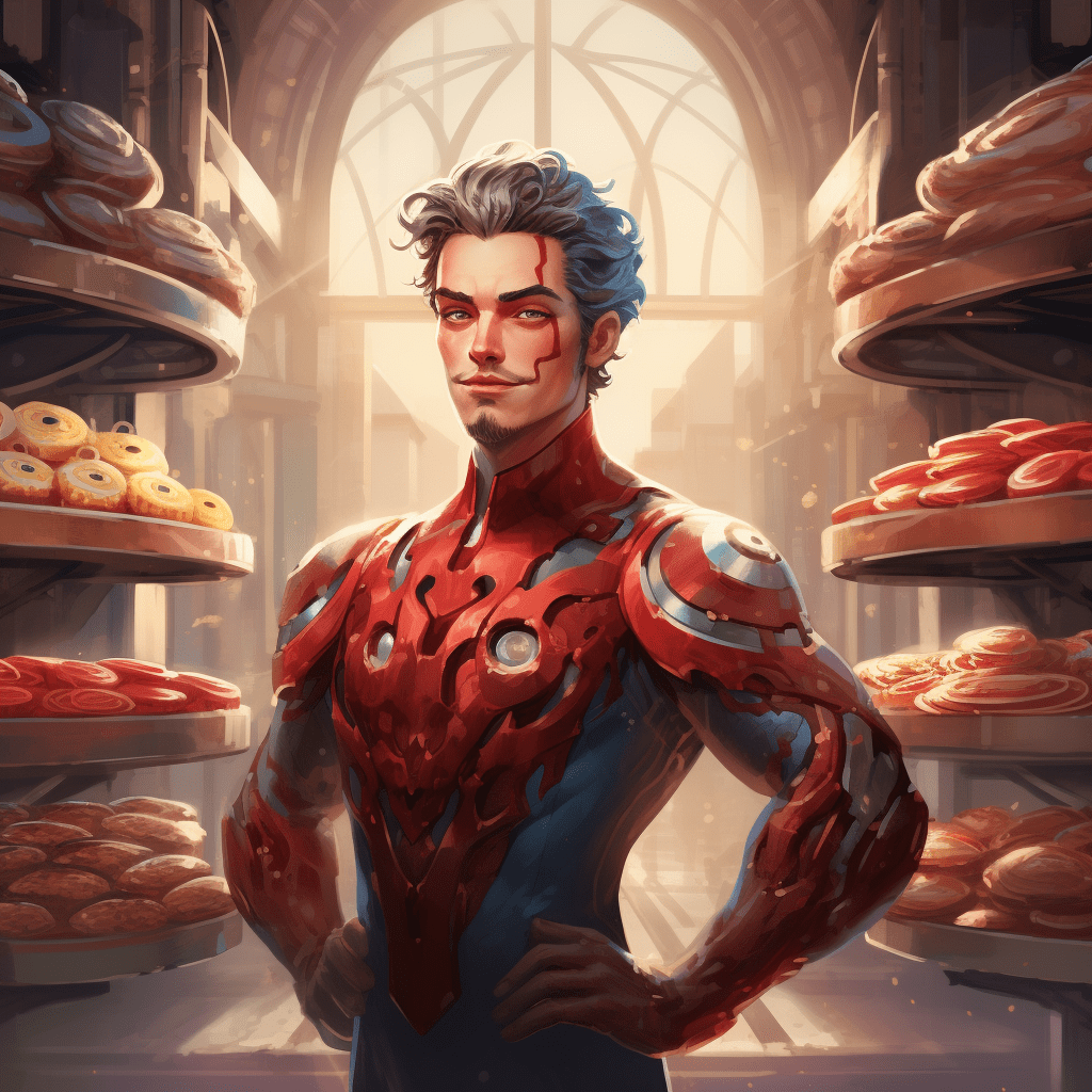 Artificial Intelligence can step in as a content creation superhero for you small business. An AI Superhero standing in front of a bakery.