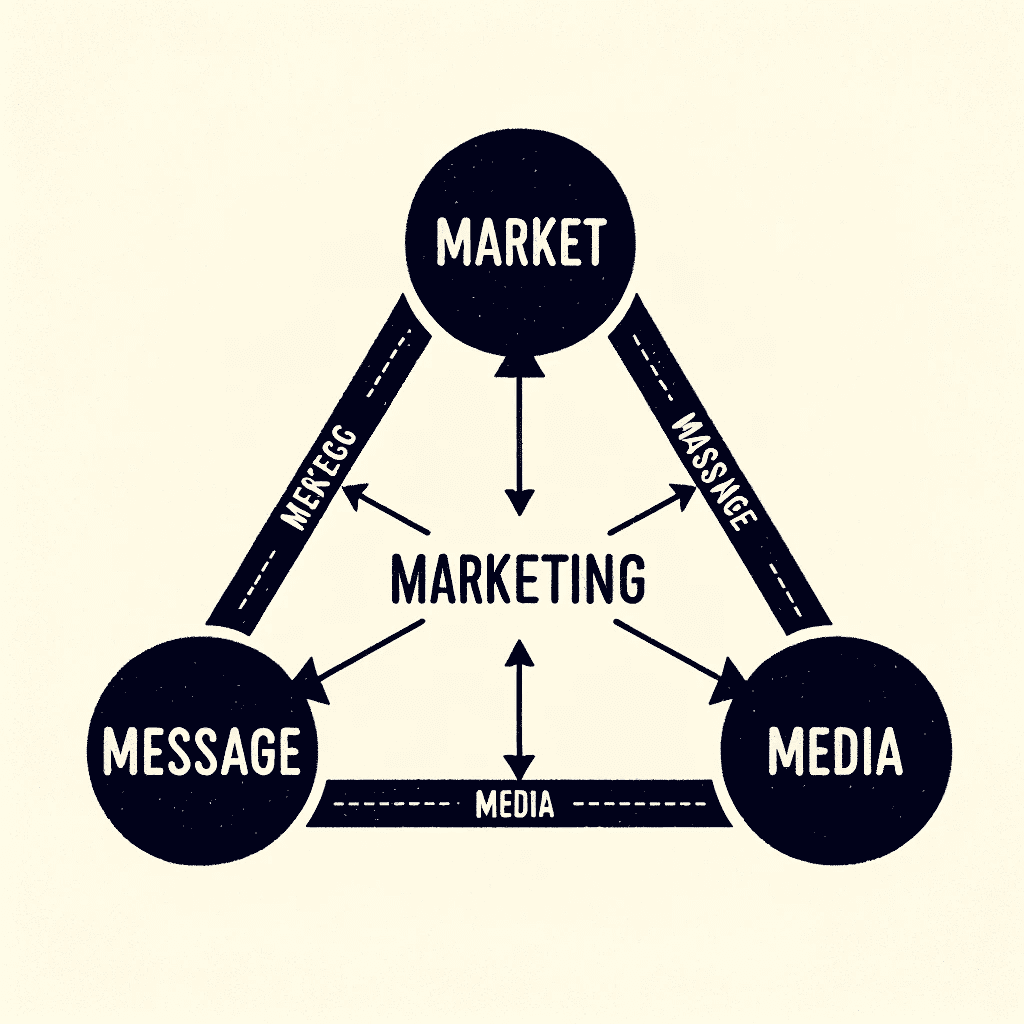 The Marketing Triangle: interplay between market, message, and media for small businesses. A triangle highlighting the dynamic interplay between market and message in the small business sector.