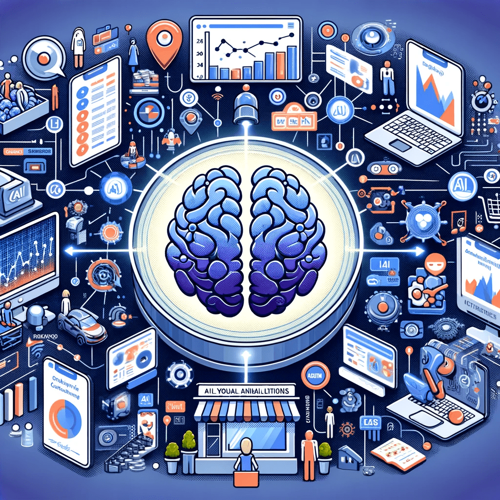 The multifaceted role of AI in improving local marketing. An isometric image of a brain surrounded by icons, showcasing the integration of AI in marketing.