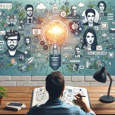 A man sitting at a desk imagining his favorite influencers.