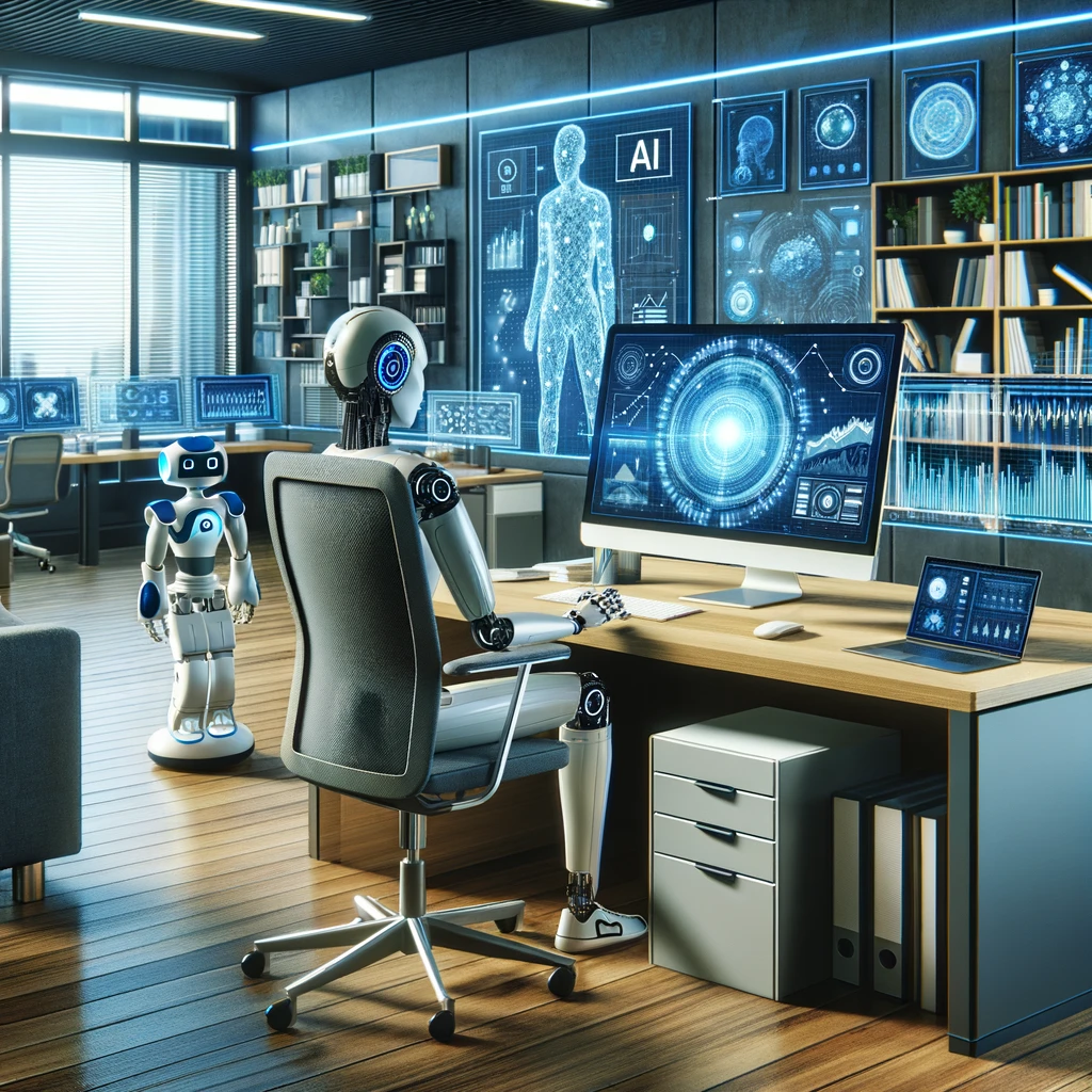 An AI-powered robot assisting with small business strategy and product customization. An AI-powered robot sitting at a desk in an office, assisting with small business strategy and product customization.