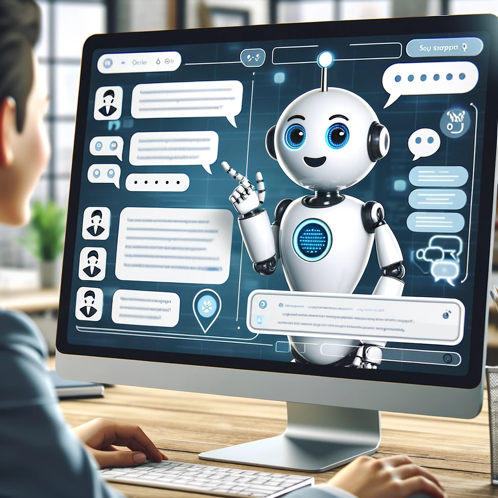 A business owner exploring the possibilities of technology integration or product customization for marketing optimization. A woman is looking at a computer screen with a robot on it, exploring the possibilities of technology integration or product customization for marketing optimization.