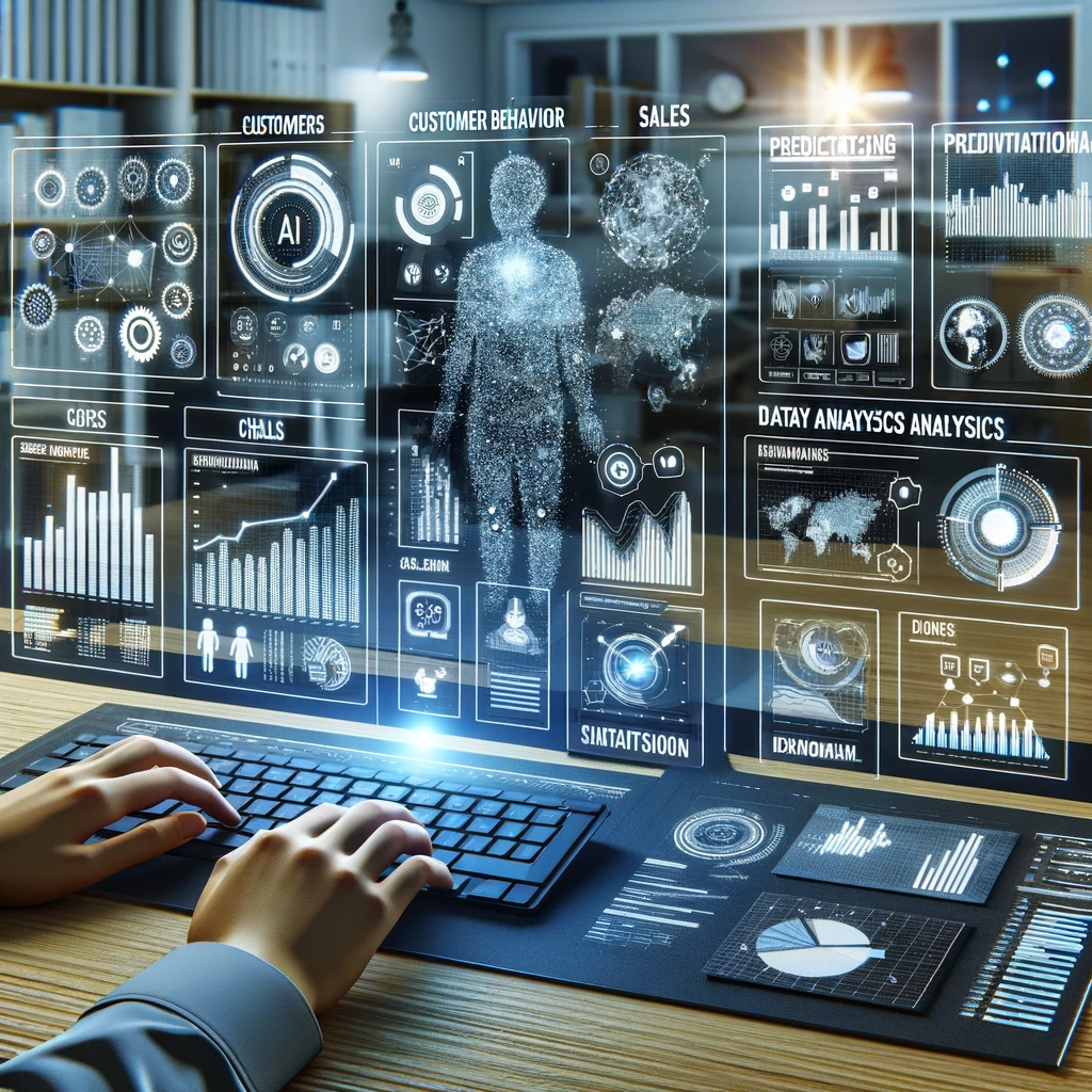 A local entrepreneur using AI technology to analyze business data. A person utilizing technology integration while typing on a keyboard.