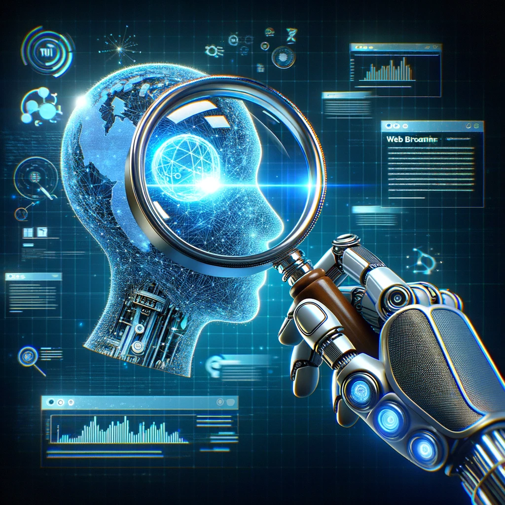 ChatGPT's data analysis feature democratizes access to sophisticated data processing. A robot is holding a magnifying glass and looking at a human head.