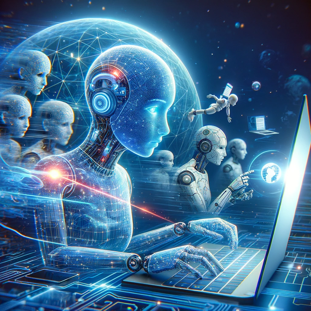 A group of robots are working on a laptop. A group of robots are working on a laptop.