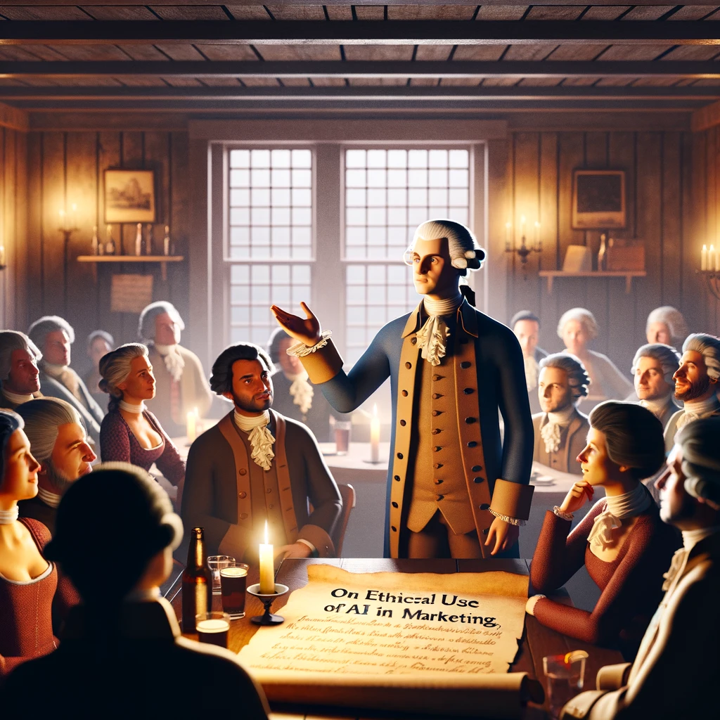 George Washington is speaking to a group of people in a room about small business strategies.