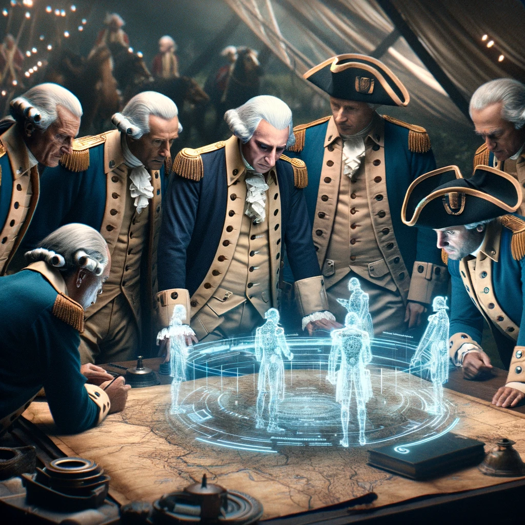 A group of men are standing around a map discussing AI ethics.