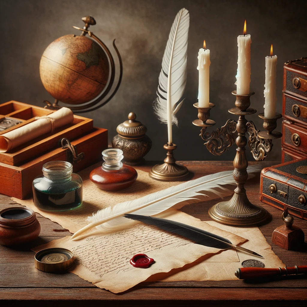 A desk with pens, quills, ink, and a globe belonging to George Washington.
