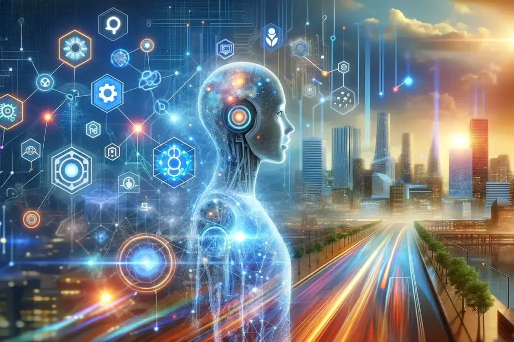 An AI-generated image of a man with a futuristic city in the background showcasing digital transformation. An AI-generated image of a man with a futuristic city in the background showcasing digital transformation.