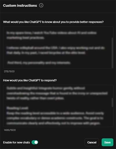 A screen shot of the custom instructions page featuring ChatGPT and learning resources.