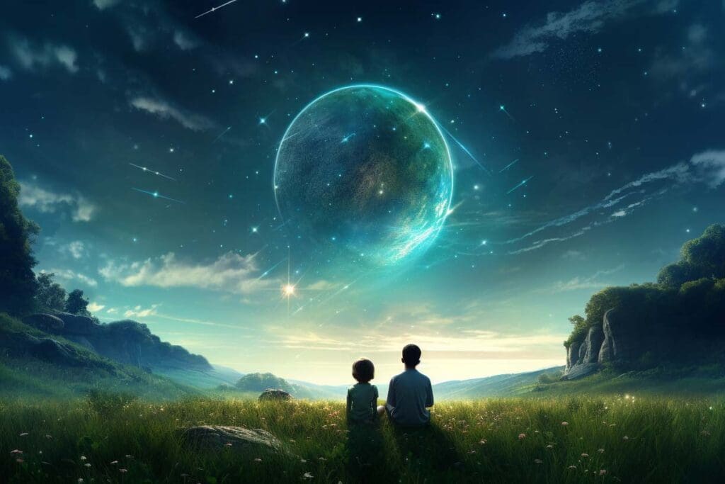 Two people sitting on a grassy field looking at a starry sky while engaging in personalized communication. Two people sitting on a grassy field looking at a starry sky while engaging in personalized communication.