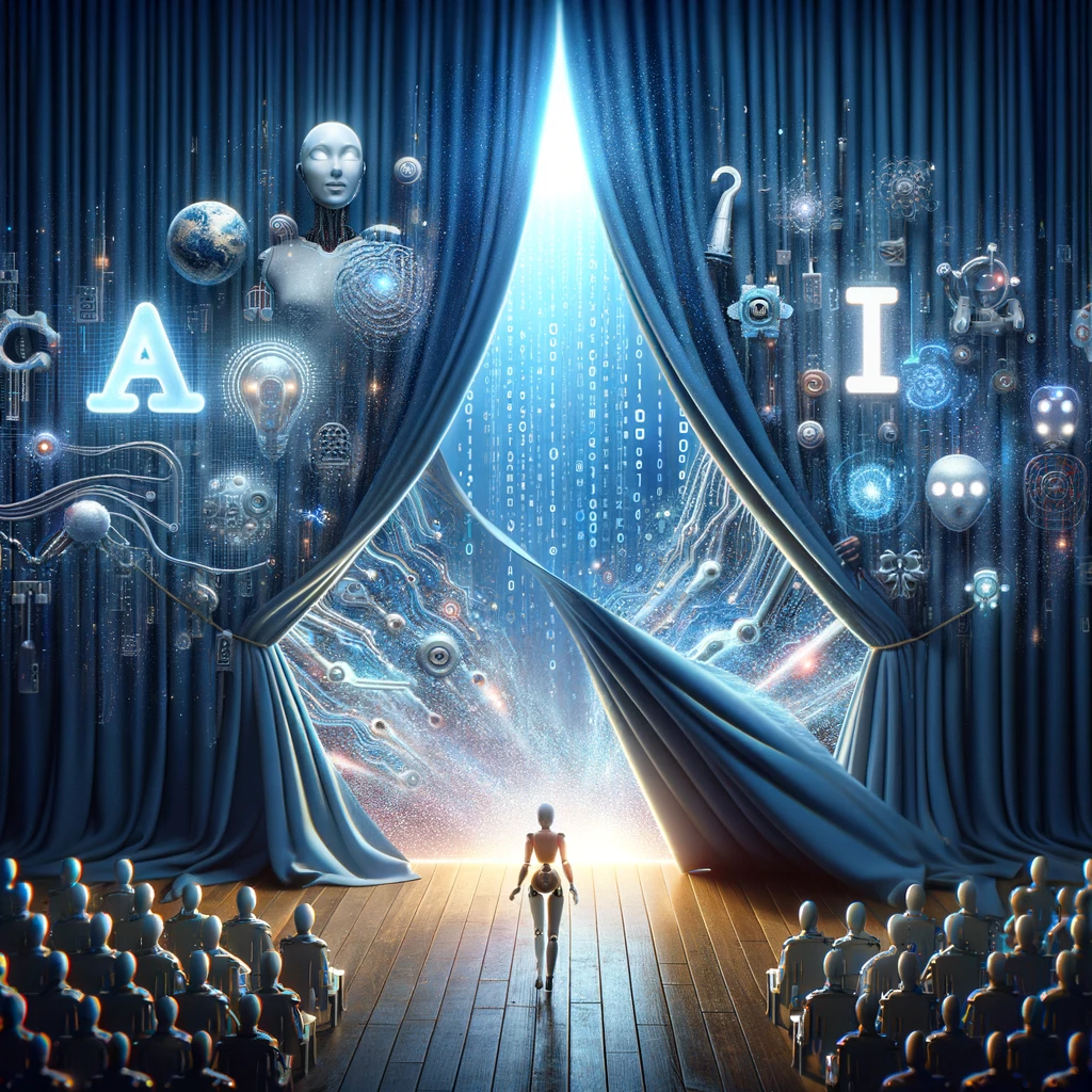 The unknown to a comprehensive understanding of AI's capabilities. A person standing in front of a curtain in front of an audience.
