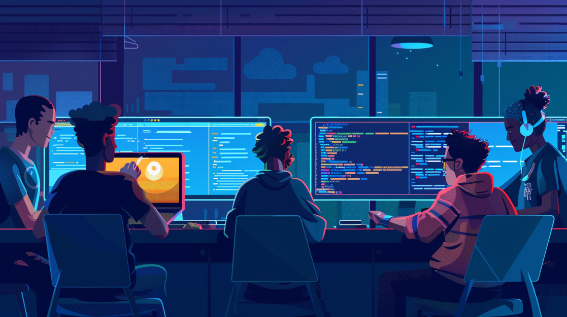Four people work on computers in a vibrant, neon-lit tech office at night, each engaged with multiple screens displaying code and data.