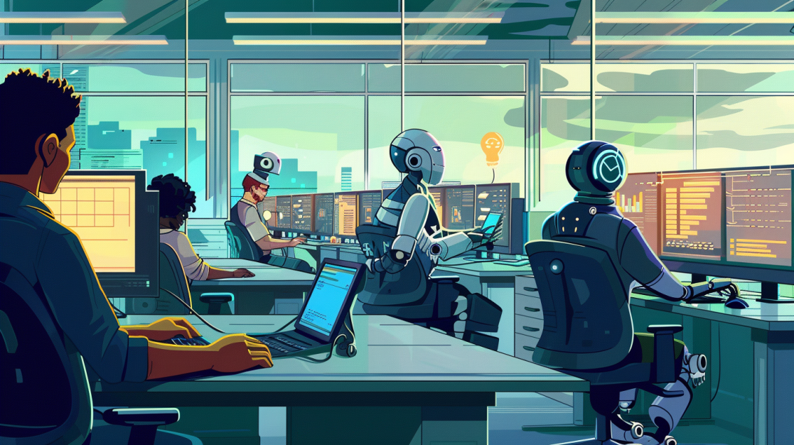 An animated image of a futuristic office with robots and humans working together at desks with multiple computer screens, set against a backdrop of a city skyline during daylight.