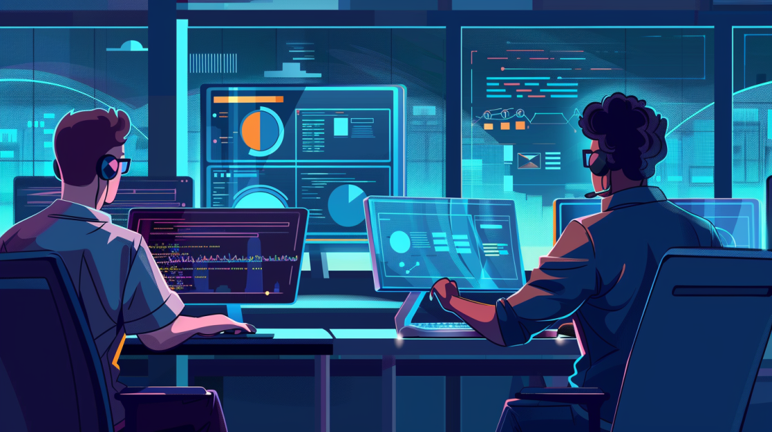 Two people working in a high-tech control room filled with multiple glowing screens displaying data and graphs, set in a futuristic, neon-lit environment.