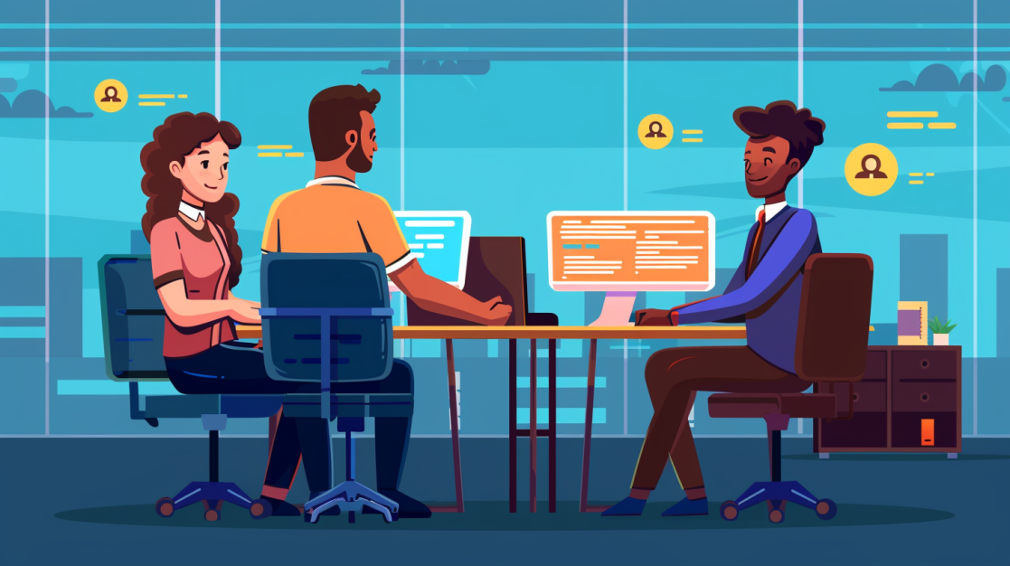 Illustration of a diverse team meeting in a modern office. two seated individuals face another person across a desk, discussing over computer screens. the environment is tech-themed with a bright, colorful ambiance.