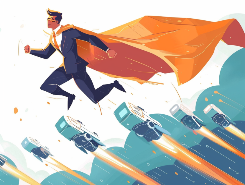 Business owner super-hero leading a team of AI agents. A stylized illustration of a man in a business suit and cape, flying above a city street with cars speeding below. he looks determined as he soars, propelled by jets of flame from rocket boosters on the cars.
