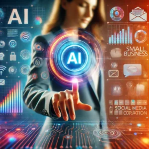 AI marketing is a true game-changer for small businesses. A person in a business suit interacts with a futuristic digital interface featuring a prominent "AI" icon in the center. Surrounding icons represent various data analytics, social media, small business, and technology elements, illuminated with vibrant colors—a true game-changer for businesses using AI in marketing.