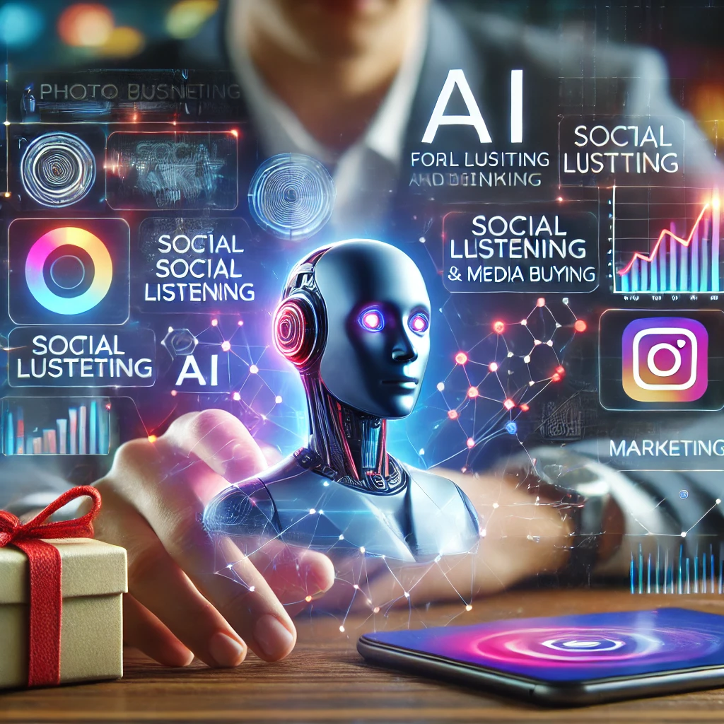Social Listening and Media Buying highlight the power of small business AI. A person interacts with a holographic interface featuring a humanoid robot head and various tech-related icons and terms like "AI," "Social Listening," "Social Listening & Media Buying," and "Marketing." Highlighting the power of AI in marketing, a smartphone, gift box, and notebook are on the table.