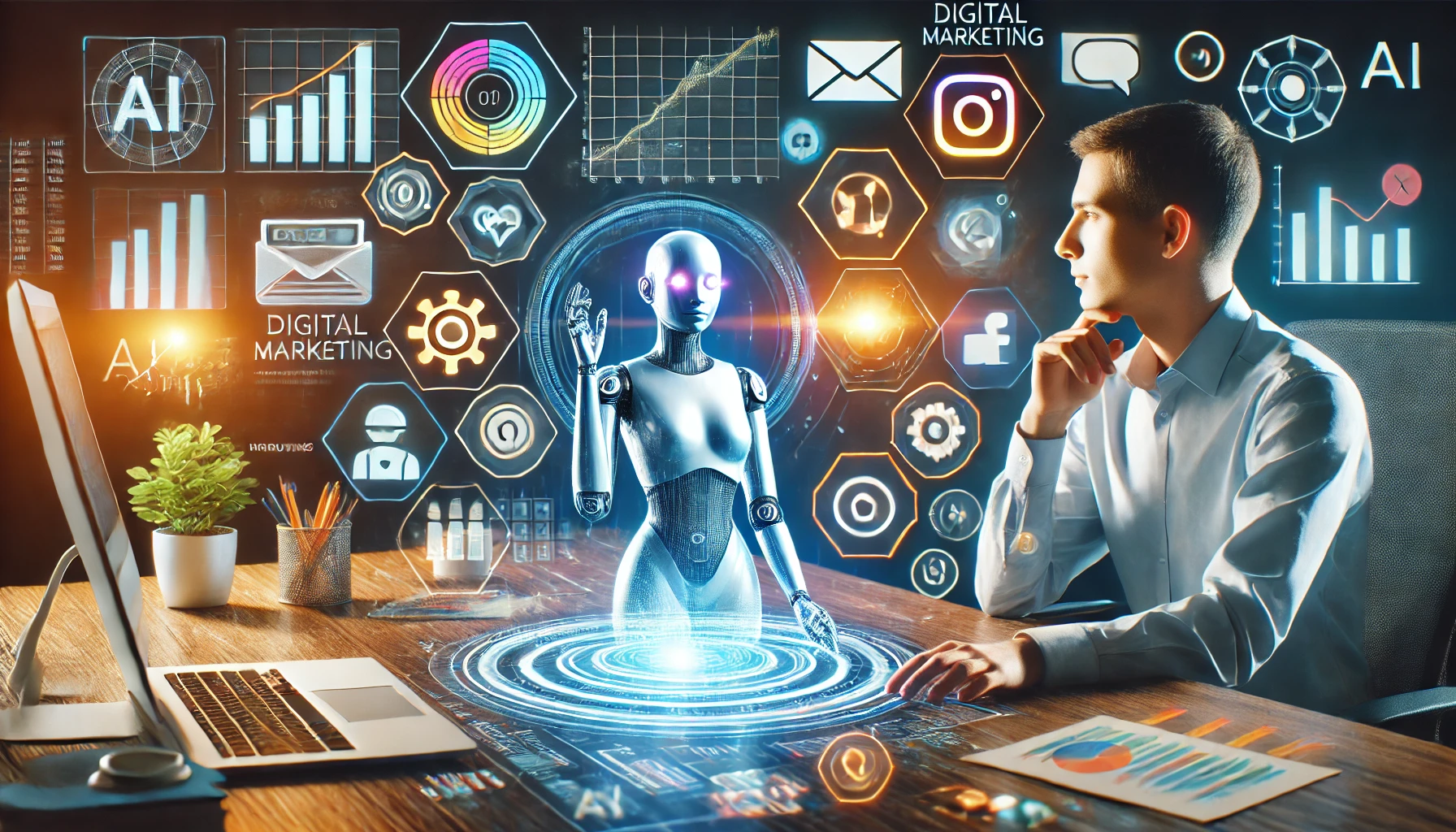 A man in a white shirt sits at a desk with a laptop, analyzing data charts and graphs, showcasing the power of AI for small businesses in advanced technology integration and ai marketing.