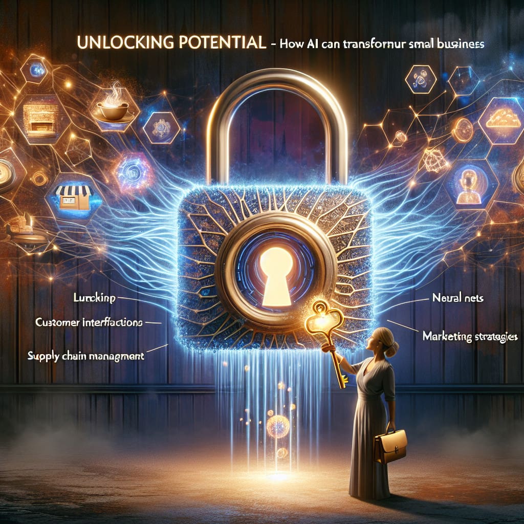 A businesswoman holding a golden key A businesswoman holding a golden key stands in front of a large padlock with a glowing keyhole, surrounded by interconnected icons representing AI concepts like supply chain management, marketing strategies, neural nets, and customer interactions.