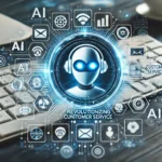 A futuristic graphic depicts a central robot head labeled "Revolutionizing Customer Service," surrounded by icons representing AI technologies, communication, and data analytics. The background suggests a tech workspace with a keyboard and desk, highlighting the role of AI-powered chatbots in customer service automation.