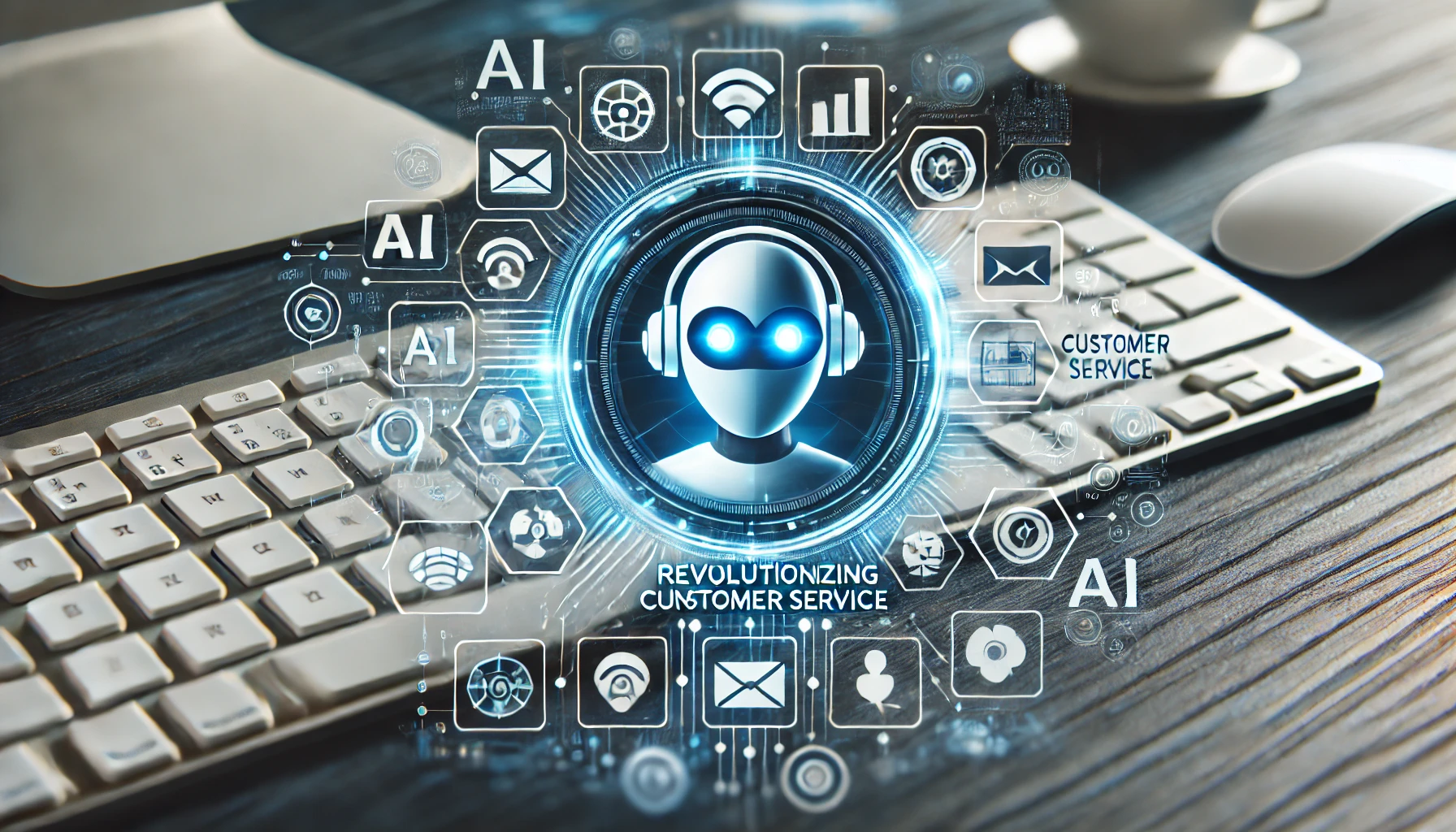 A futuristic graphic depicts a central robot head labeled "Revolutionizing Customer Service," surrounded by icons representing AI technologies, communication, and data analytics. The background suggests a tech workspace with a keyboard and desk, highlighting the role of AI-powered chatbots in customer service automation.