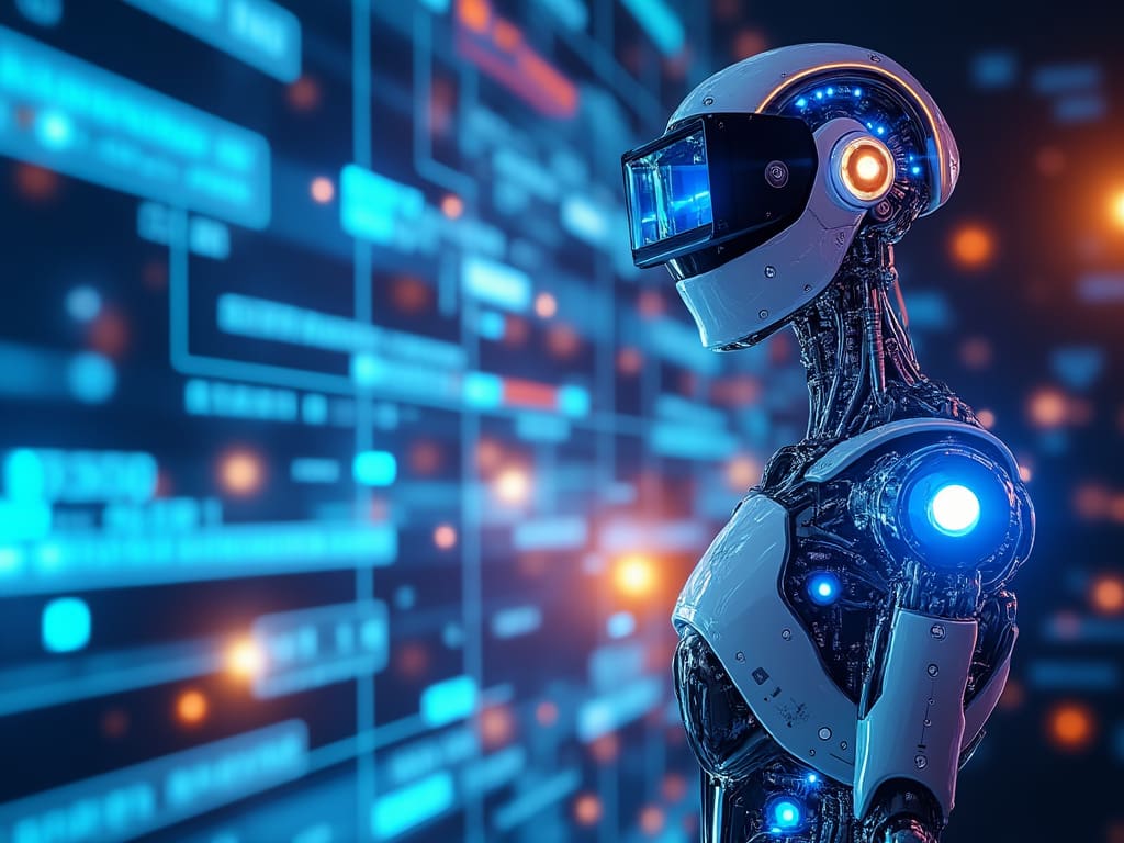 A futuristic robot with a sleek, humanoid design, featuring illuminated blue and orange lights on its body, stands against a backdrop of digital data streams and neon lights, suggesting a high-tech environment. The robot wears visor-like headgear from the Accelerator Collection. A futuristic robot with a sleek, humanoid design, featuring illuminated blue and orange lights on its body, stands against a backdrop of digital data streams and neon lights, suggesting a high-tech environment. The robot wears visor-like headgear from the Accelerator Collection.