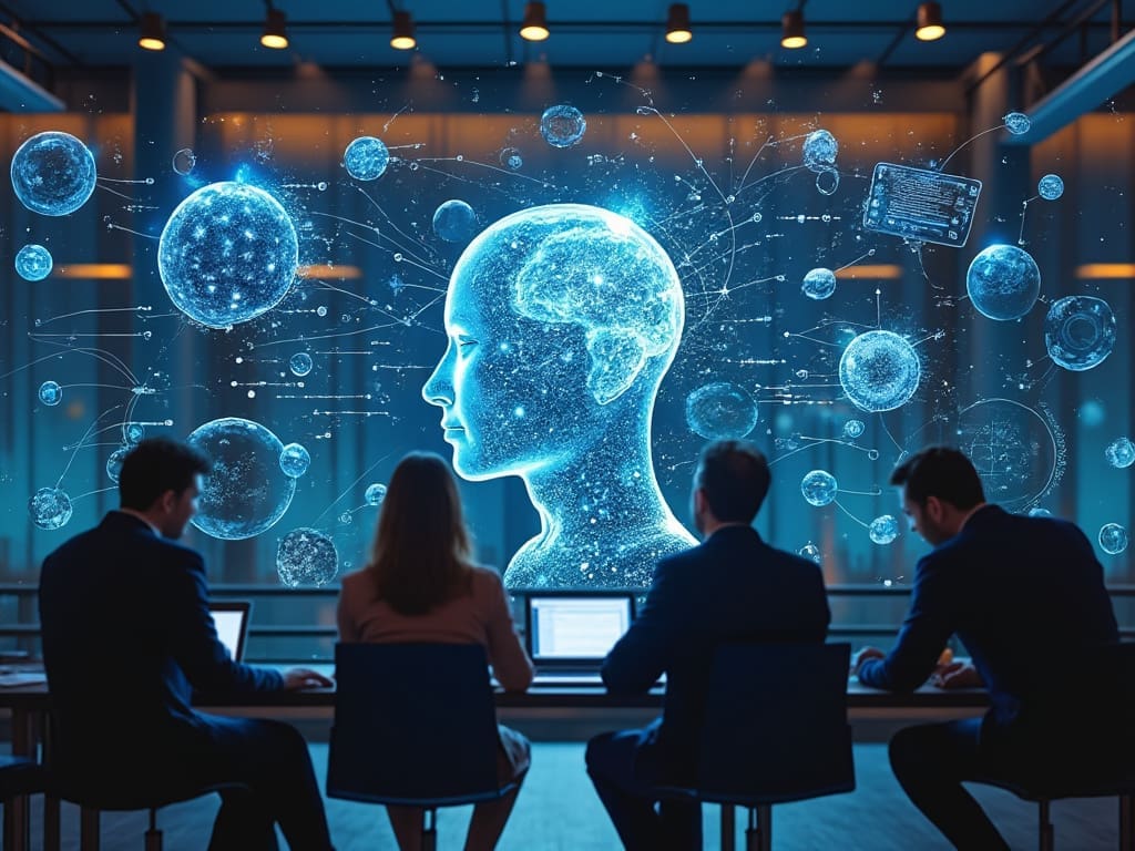 Four people seated at a table working on laptops, with a glowing blue holographic human head surrounded by abstract spherical data elements projected above them, symbolizing artificial intelligence and data analysis in a modern business accelerator setting. Four people seated at a table working on laptops, with a glowing blue holographic human head surrounded by abstract spherical data elements projected above them, symbolizing artificial intelligence and data analysis in a modern business accelerator setting.