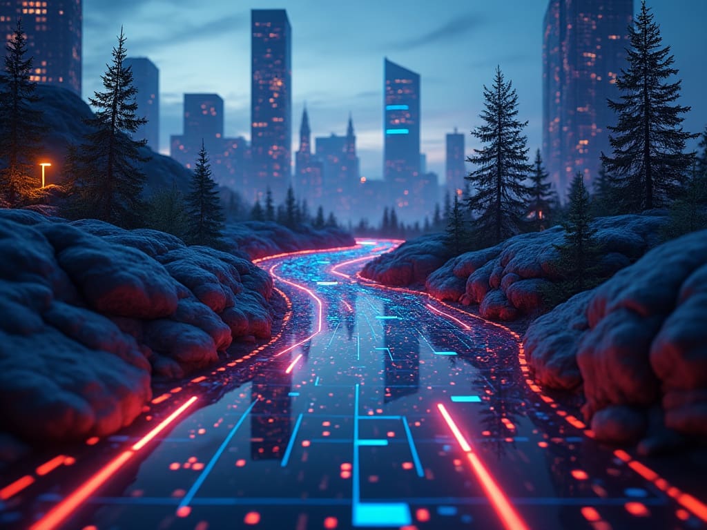 A futuristic scene where a glowing neon-lit pathway, resembling a digital circuit, winds through a forest with rocky terrain towards a distant cityscape filled with tall, illuminated skyscrapers under a twilight sky—home to the world's leading smart business accelerator. A futuristic scene where a glowing neon-lit pathway, resembling a digital circuit, winds through a forest with rocky terrain towards a distant cityscape filled with tall, illuminated skyscrapers under a twilight sky—home to the world's leading smart business accelerator.