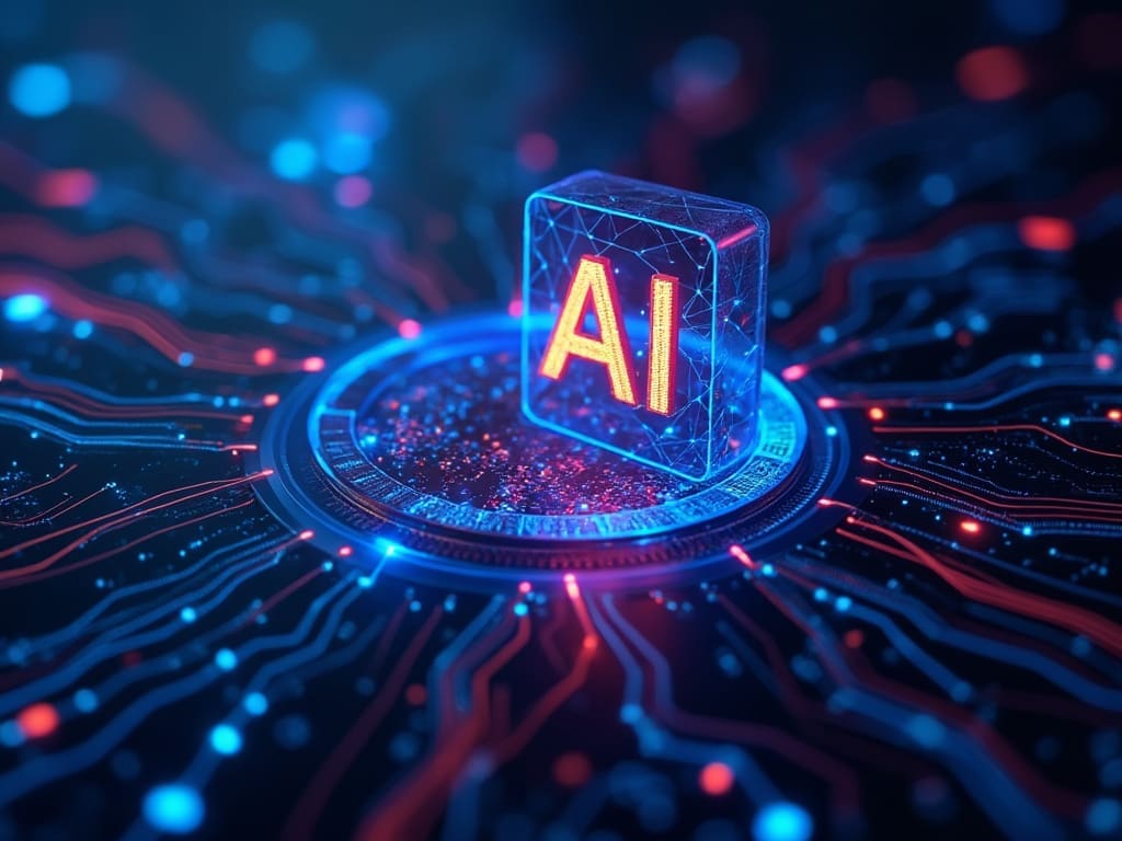 A glowing 3D cube with the letters "AI" is positioned at the center of a circular, futuristic circuit board. Red and blue neon lines extend outward from the circle, creating a network-like pattern that resembles an accelerator in a high-tech, digital smart business environment. A glowing 3D cube with the letters "AI" is positioned at the center of a circular, futuristic circuit board. Red and blue neon lines extend outward from the circle, creating a network-like pattern that resembles an accelerator in a high-tech, digital smart business environment.